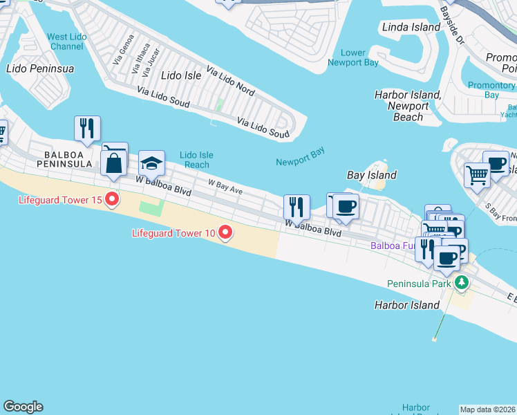 map of restaurants, bars, coffee shops, grocery stores, and more near 904 West Balboa Boulevard in Newport Beach