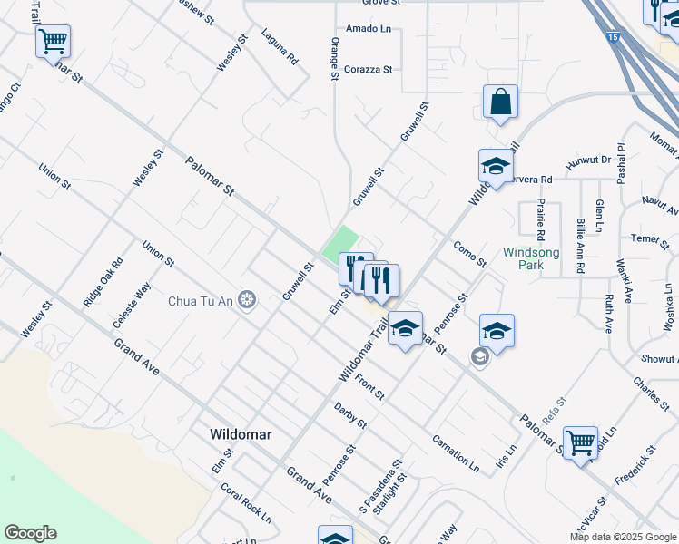 map of restaurants, bars, coffee shops, grocery stores, and more near Palomar Street in Wildomar