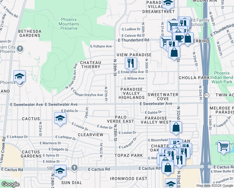 map of restaurants, bars, coffee shops, grocery stores, and more near 13049 North 28th Street in Phoenix