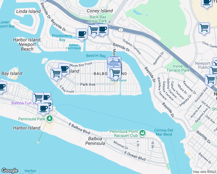 map of restaurants, bars, coffee shops, grocery stores, and more near 121 Onyx Avenue in Newport Beach