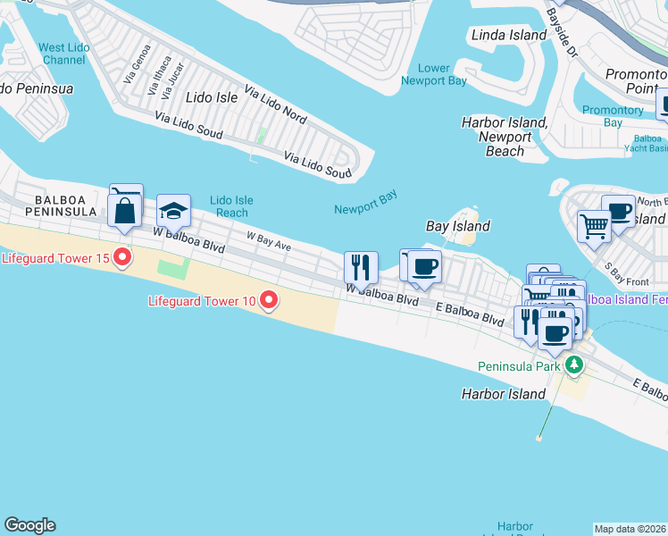 map of restaurants, bars, coffee shops, grocery stores, and more near 810 West Bay Avenue in Newport Beach