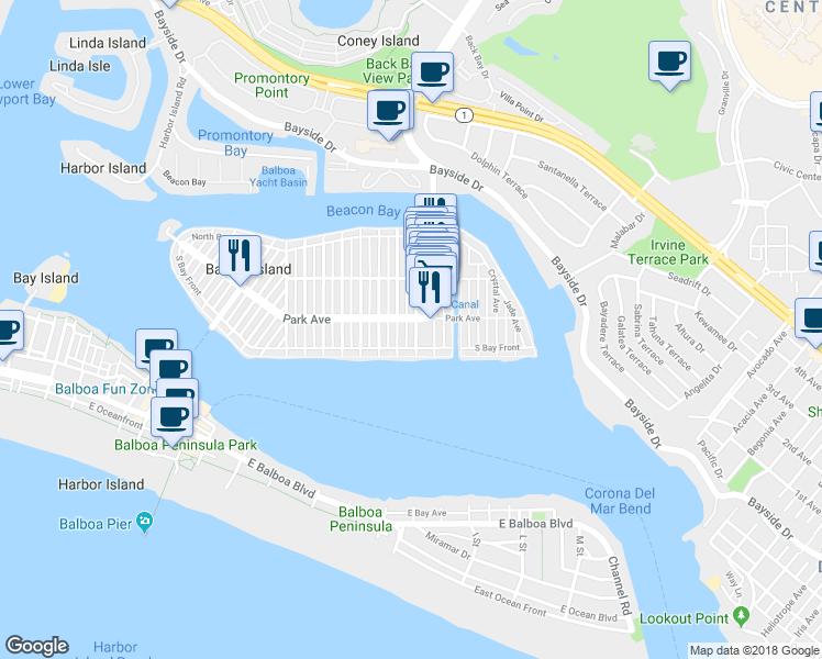map of restaurants, bars, coffee shops, grocery stores, and more near 121 Onyx Avenue in Newport Beach