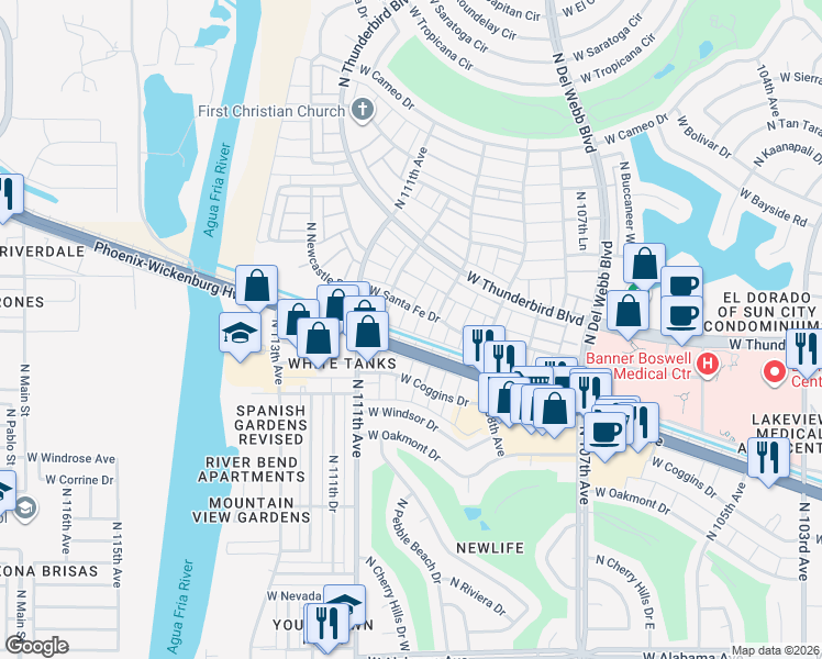 map of restaurants, bars, coffee shops, grocery stores, and more near 10910 West Santa Fe Drive in Sun City