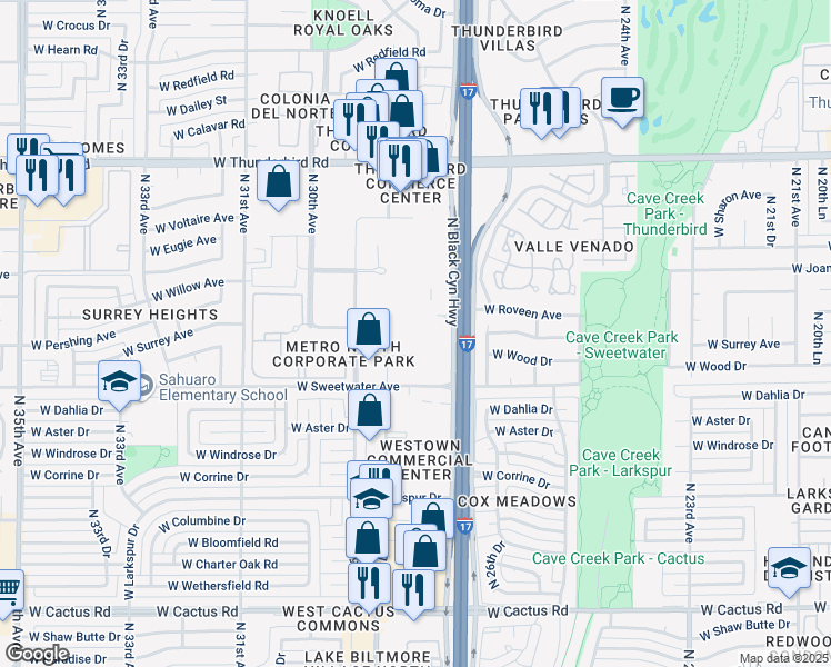 map of restaurants, bars, coffee shops, grocery stores, and more near 13430 North Black Canyon Highway in Phoenix