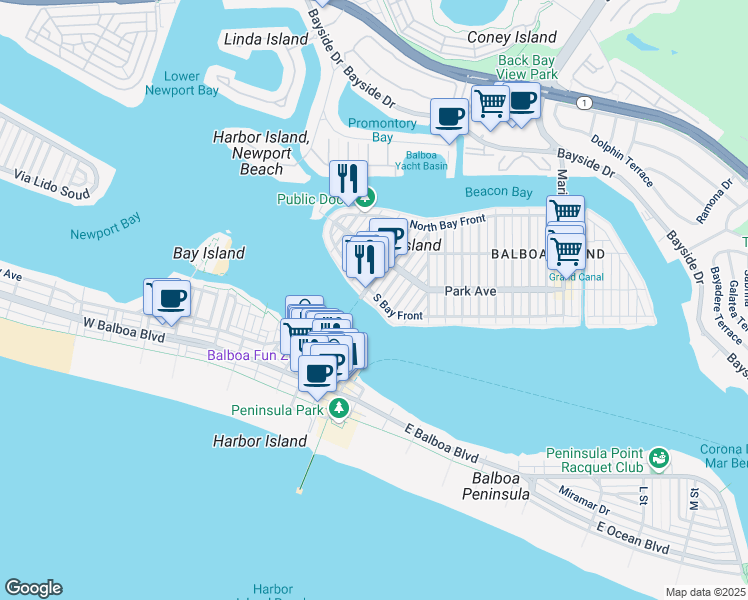 map of restaurants, bars, coffee shops, grocery stores, and more near 508 South Bay Front in Newport Beach