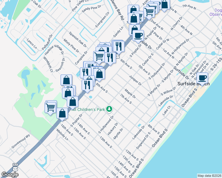 map of restaurants, bars, coffee shops, grocery stores, and more near 728 7th Avenue South in Surfside Beach