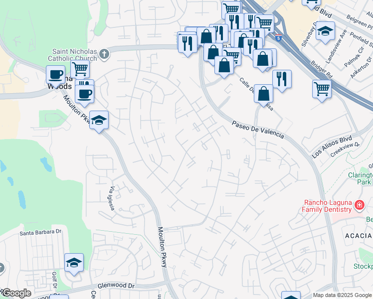 map of restaurants, bars, coffee shops, grocery stores, and more near in Laguna Hills