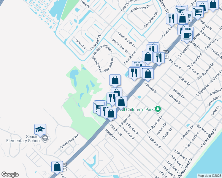 map of restaurants, bars, coffee shops, grocery stores, and more near 910 U.S. 17 Business in Surfside Beach