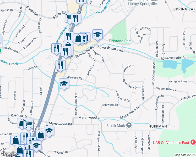 map of restaurants, bars, coffee shops, grocery stores, and more near 1013 Hyacinth Drive in Birmingham