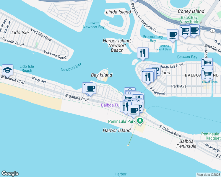 map of restaurants, bars, coffee shops, grocery stores, and more near 207 Edgewater Place in Newport Beach