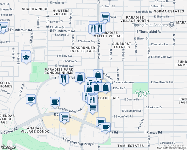map of restaurants, bars, coffee shops, grocery stores, and more near 4704 East Paradise Village Parkway North in Phoenix