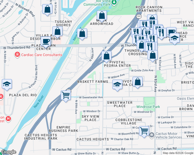map of restaurants, bars, coffee shops, grocery stores, and more near 13478 North 87th Lane in Peoria
