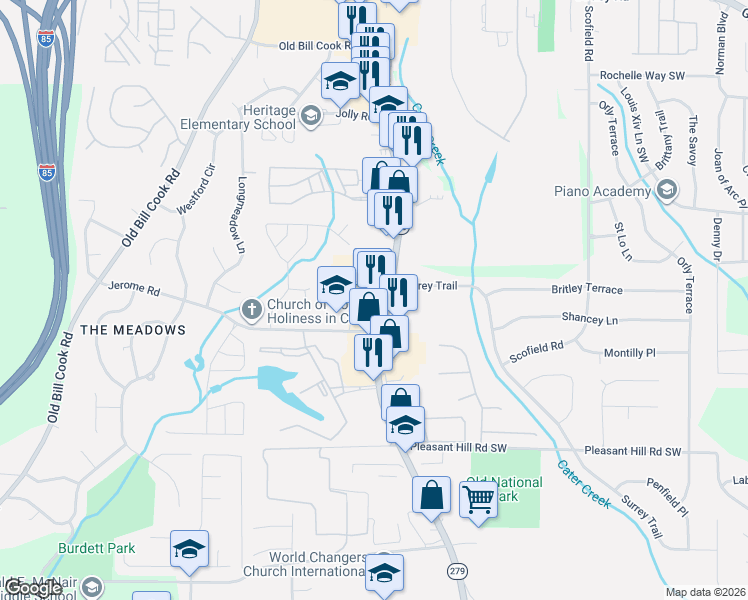 map of restaurants, bars, coffee shops, grocery stores, and more near 5495 Old National Highway in Atlanta