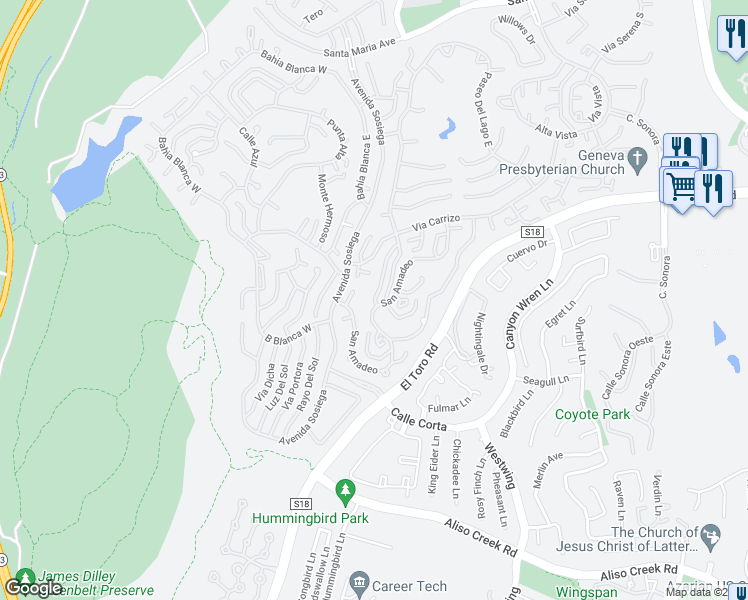 map of restaurants, bars, coffee shops, grocery stores, and more near 3285 San Amadeo in Laguna Woods