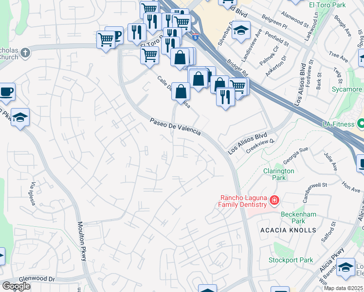 map of restaurants, bars, coffee shops, grocery stores, and more near 128 Avenida Majorca in Laguna Woods