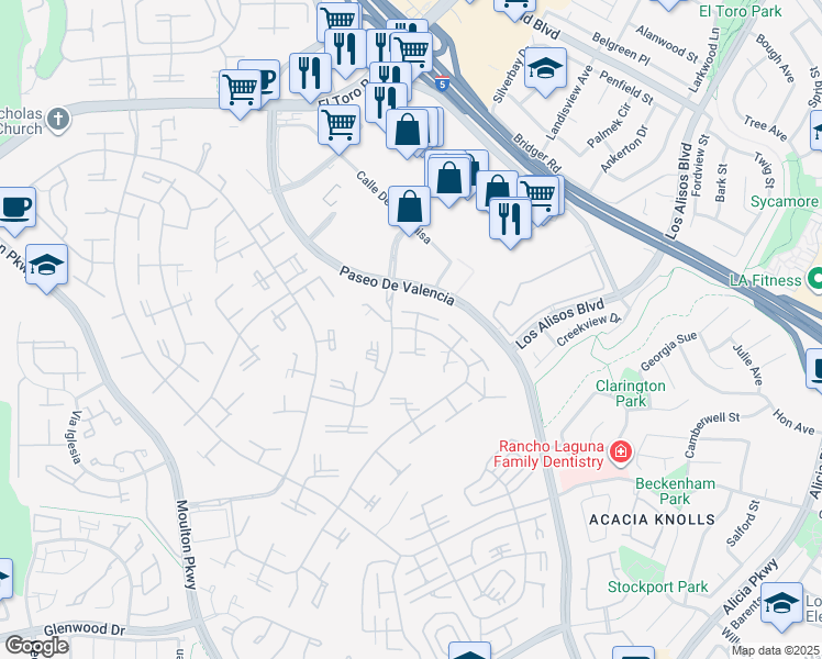 map of restaurants, bars, coffee shops, grocery stores, and more near 128 Avenida Majorca in Laguna Woods