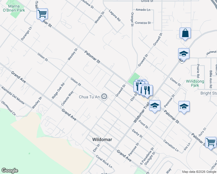 map of restaurants, bars, coffee shops, grocery stores, and more near 21258 Illinois Street in Wildomar