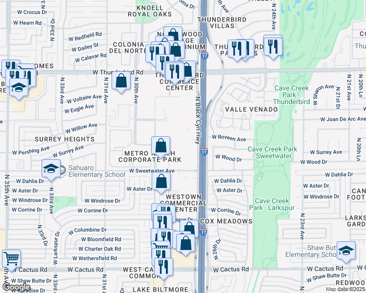 map of restaurants, bars, coffee shops, grocery stores, and more near 13430 North Black Canyon Highway in Phoenix