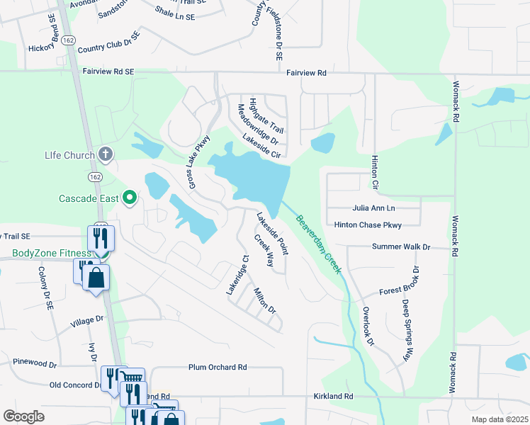 map of restaurants, bars, coffee shops, grocery stores, and more near 115 Lakeside Point in Covington