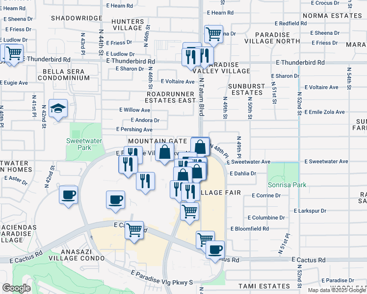 map of restaurants, bars, coffee shops, grocery stores, and more near 4704 East Paradise Village Parkway North in Phoenix