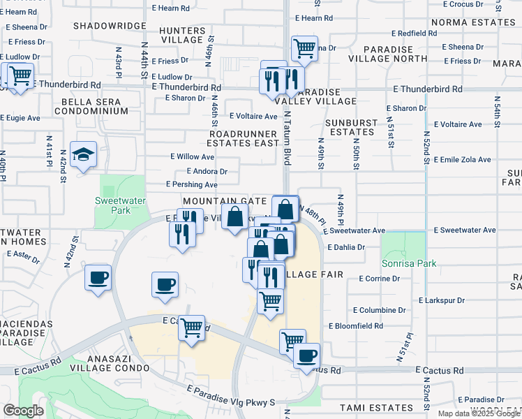 map of restaurants, bars, coffee shops, grocery stores, and more near 4704 East Paradise Village Parkway North in Phoenix
