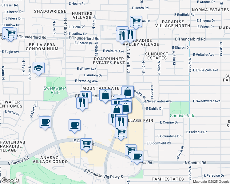 map of restaurants, bars, coffee shops, grocery stores, and more near 4704 East Paradise Village Parkway North in Phoenix