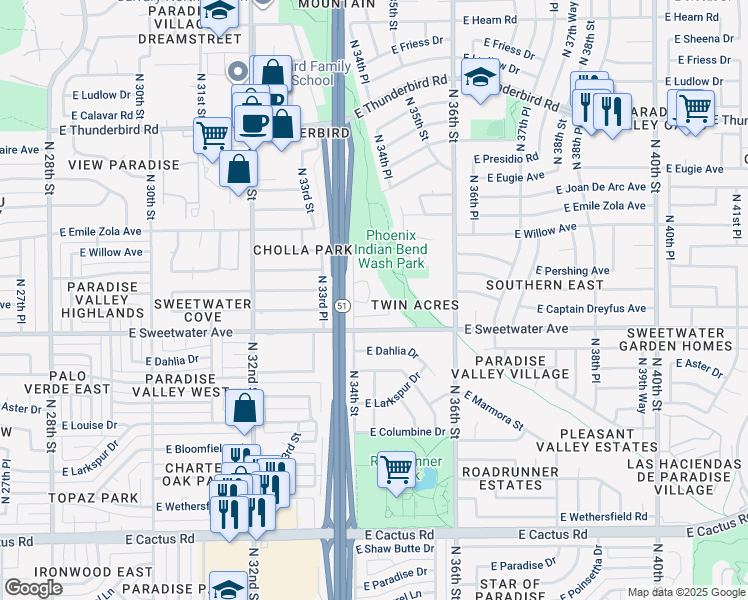 map of restaurants, bars, coffee shops, grocery stores, and more near 13113 North 34th Way in Phoenix