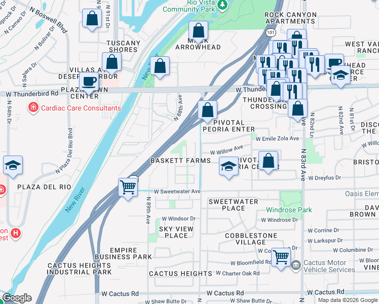 map of restaurants, bars, coffee shops, grocery stores, and more near 13478 North 87th Lane in Peoria