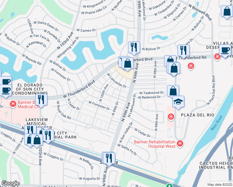 map of restaurants, bars, coffee shops, grocery stores, and more near 13228 North 99th Drive in Sun City