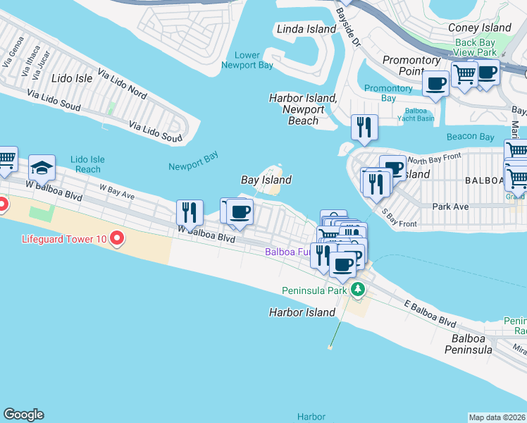 map of restaurants, bars, coffee shops, grocery stores, and more near 123 Edgewater Place in Newport Beach
