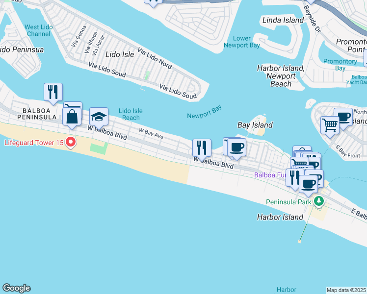map of restaurants, bars, coffee shops, grocery stores, and more near 908 West Bay Avenue in Newport Beach