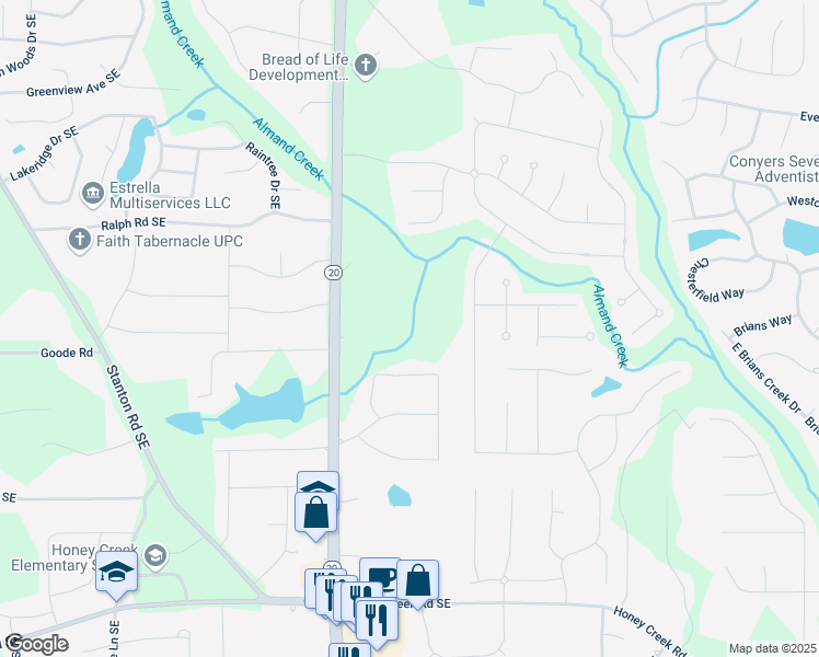 map of restaurants, bars, coffee shops, grocery stores, and more near 3180 Georgia 20 in Conyers