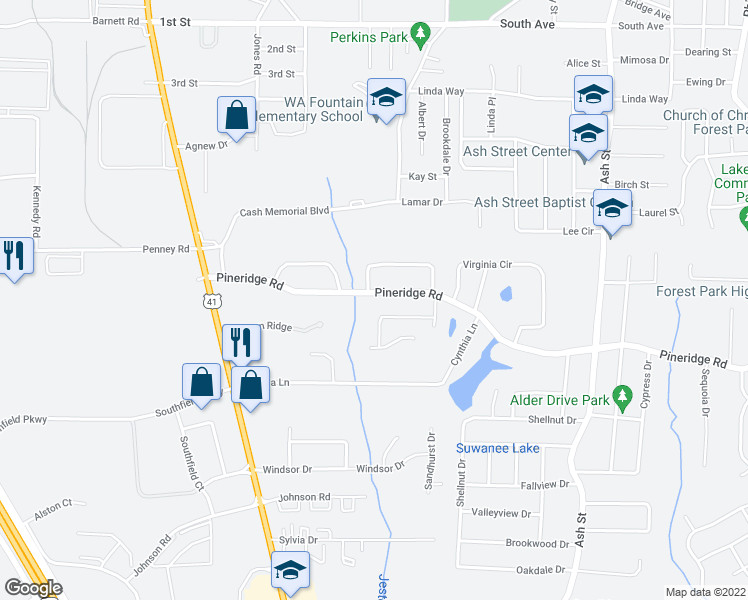 map of restaurants, bars, coffee shops, grocery stores, and more near 507 Pineridge Road in Forest Park