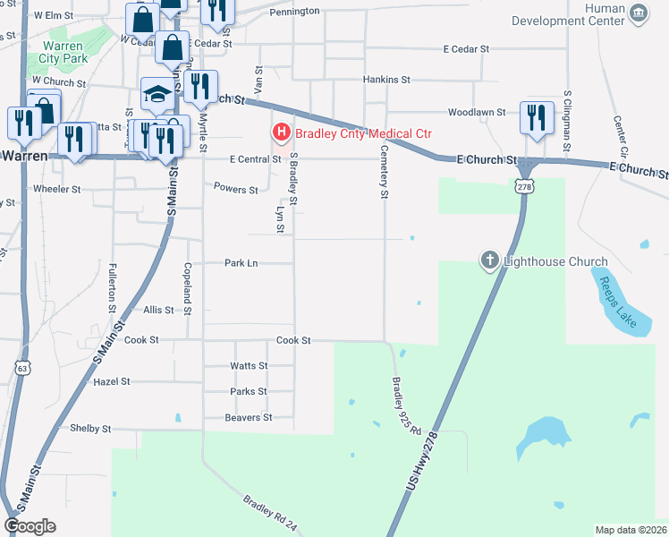 map of restaurants, bars, coffee shops, grocery stores, and more near 1005 South Bradley Street in Warren