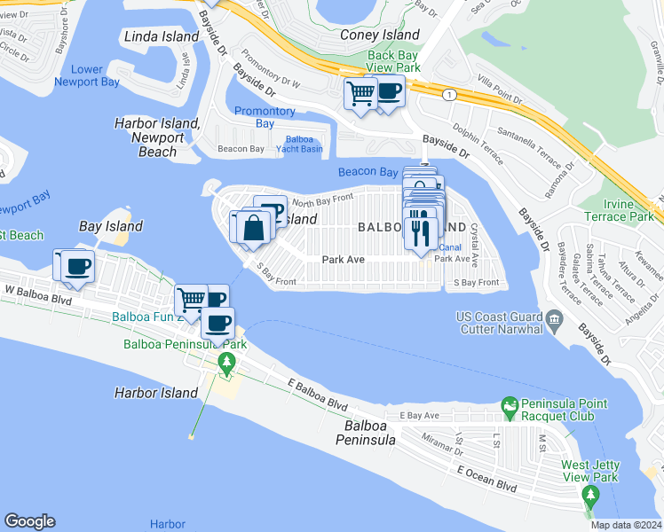 map of restaurants, bars, coffee shops, grocery stores, and more near 123 Diamond Avenue in Newport Beach