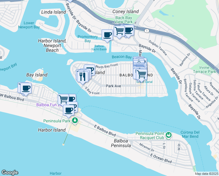 map of restaurants, bars, coffee shops, grocery stores, and more near 123 Diamond Avenue in Newport Beach