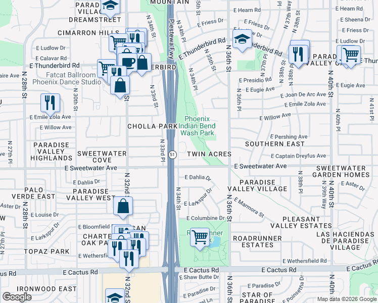 map of restaurants, bars, coffee shops, grocery stores, and more near 13113 North 34th Way in Phoenix