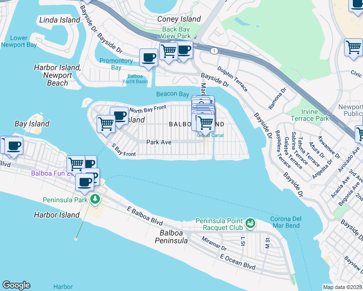 map of restaurants, bars, coffee shops, grocery stores, and more near 122 Apolena Avenue in Newport Beach
