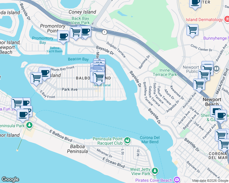 map of restaurants, bars, coffee shops, grocery stores, and more near 123 Crystal Avenue in Newport Beach