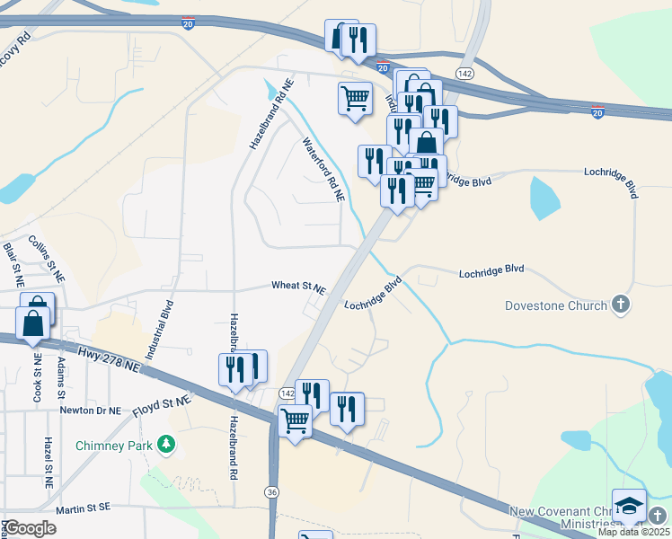 map of restaurants, bars, coffee shops, grocery stores, and more near 10115 Georgia 142 in Covington