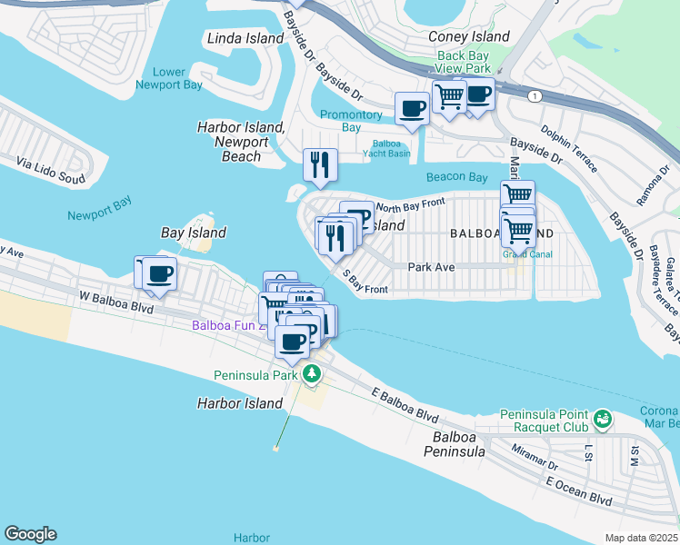 map of restaurants, bars, coffee shops, grocery stores, and more near 508 South Bay Front in Newport Beach