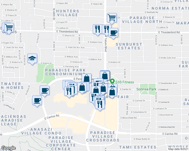 map of restaurants, bars, coffee shops, grocery stores, and more near 4704 East Paradise Village Parkway North in Phoenix
