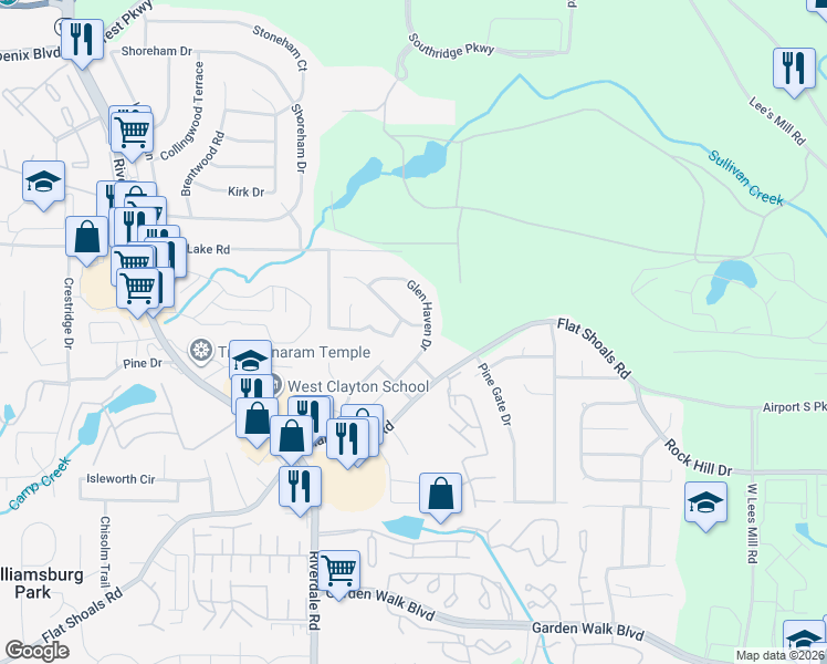 map of restaurants, bars, coffee shops, grocery stores, and more near 5472 Glen Haven Drive in Atlanta