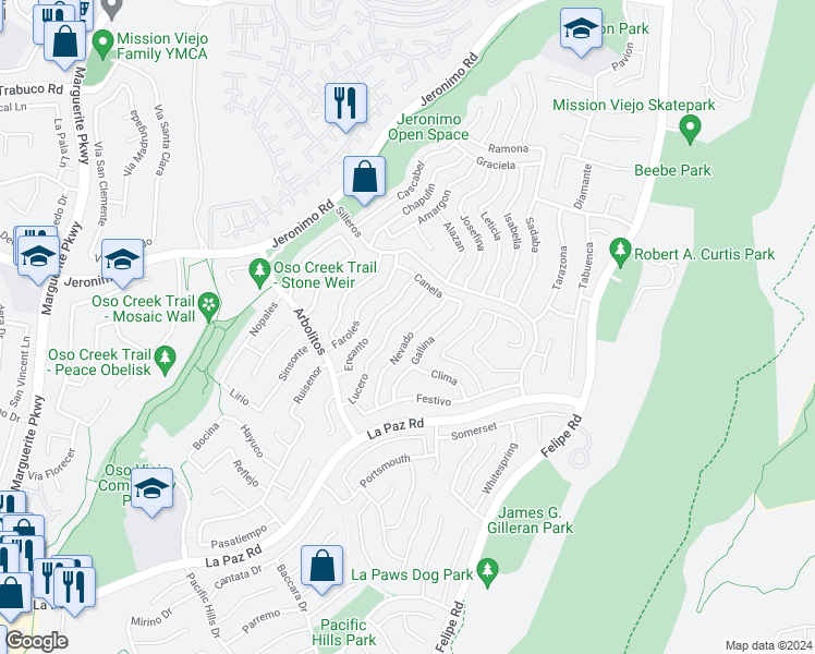 map of restaurants, bars, coffee shops, grocery stores, and more near 28031 Nevado in Mission Viejo
