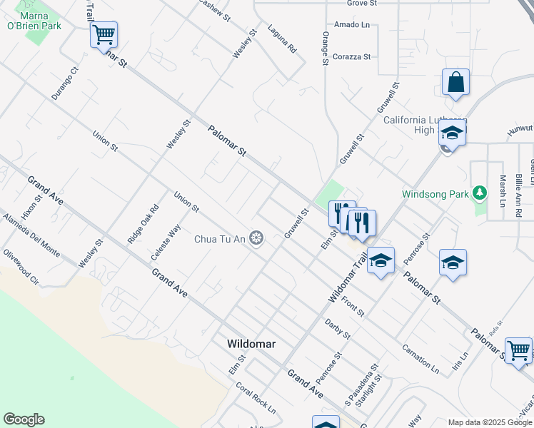 map of restaurants, bars, coffee shops, grocery stores, and more near 21258 Illinois Street in Wildomar