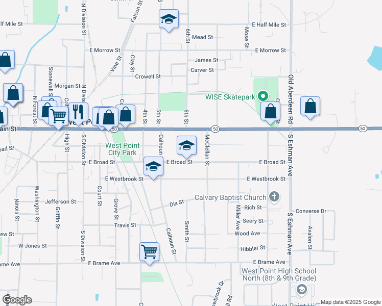 map of restaurants, bars, coffee shops, grocery stores, and more near 813 East Broad Street in West Point