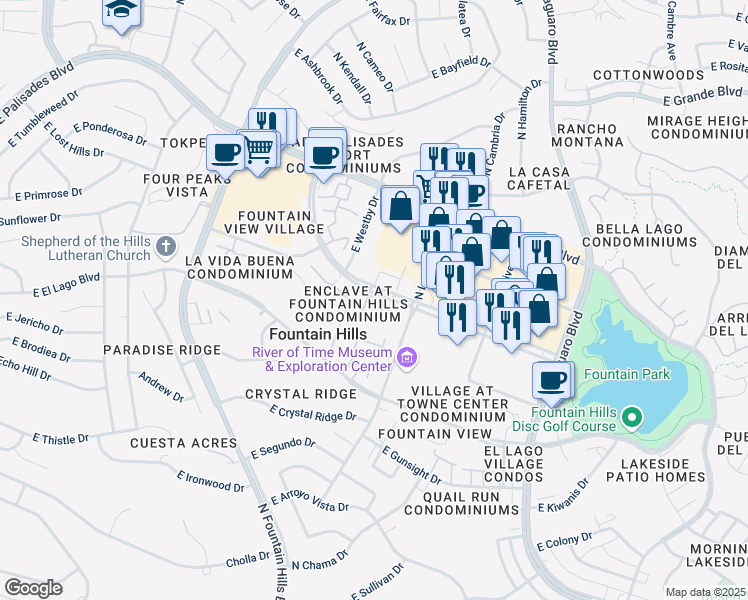 map of restaurants, bars, coffee shops, grocery stores, and more near 16525 East Avenue of the Fountains in Fountain Hills