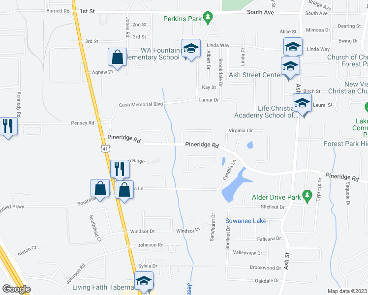 map of restaurants, bars, coffee shops, grocery stores, and more near 507 Pineridge Road in Forest Park