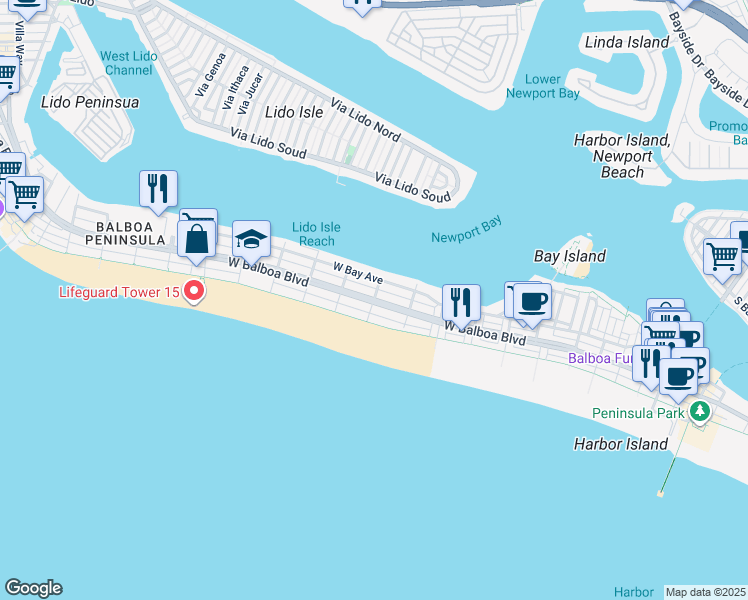 map of restaurants, bars, coffee shops, grocery stores, and more near West Balboa Boulevard & 10th Street in Newport Beach