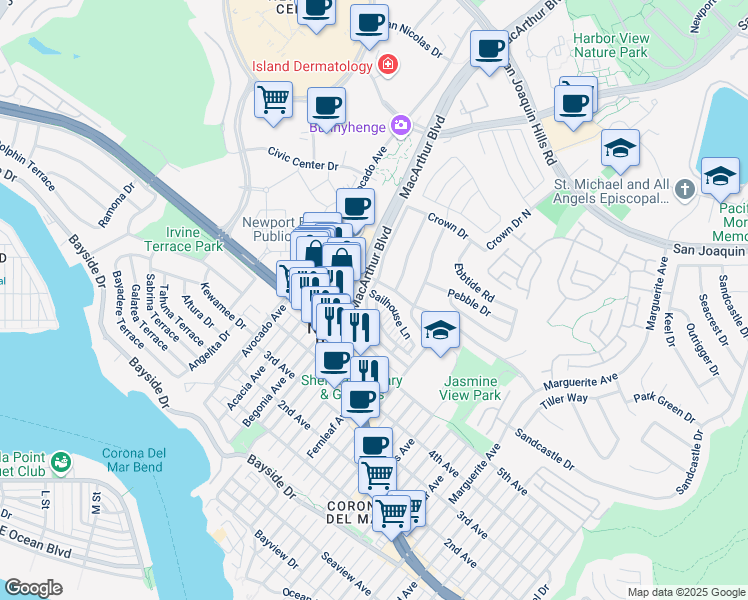 map of restaurants, bars, coffee shops, grocery stores, and more near 2501 Bungalow Place in Newport Beach